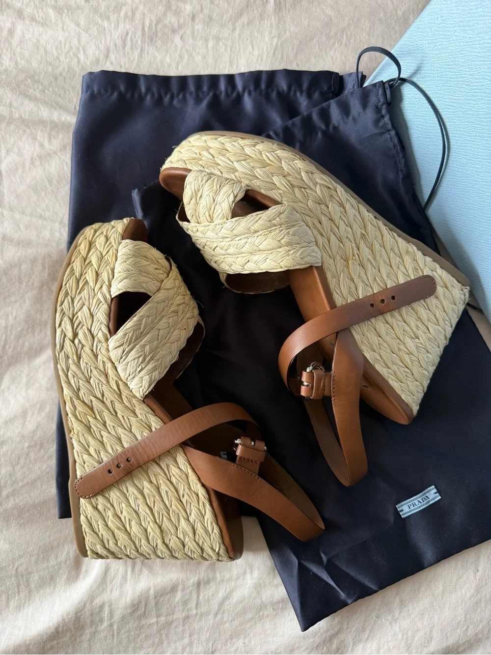 Prada Women's Tan Leather & Natural Raffia Wedge Sandals